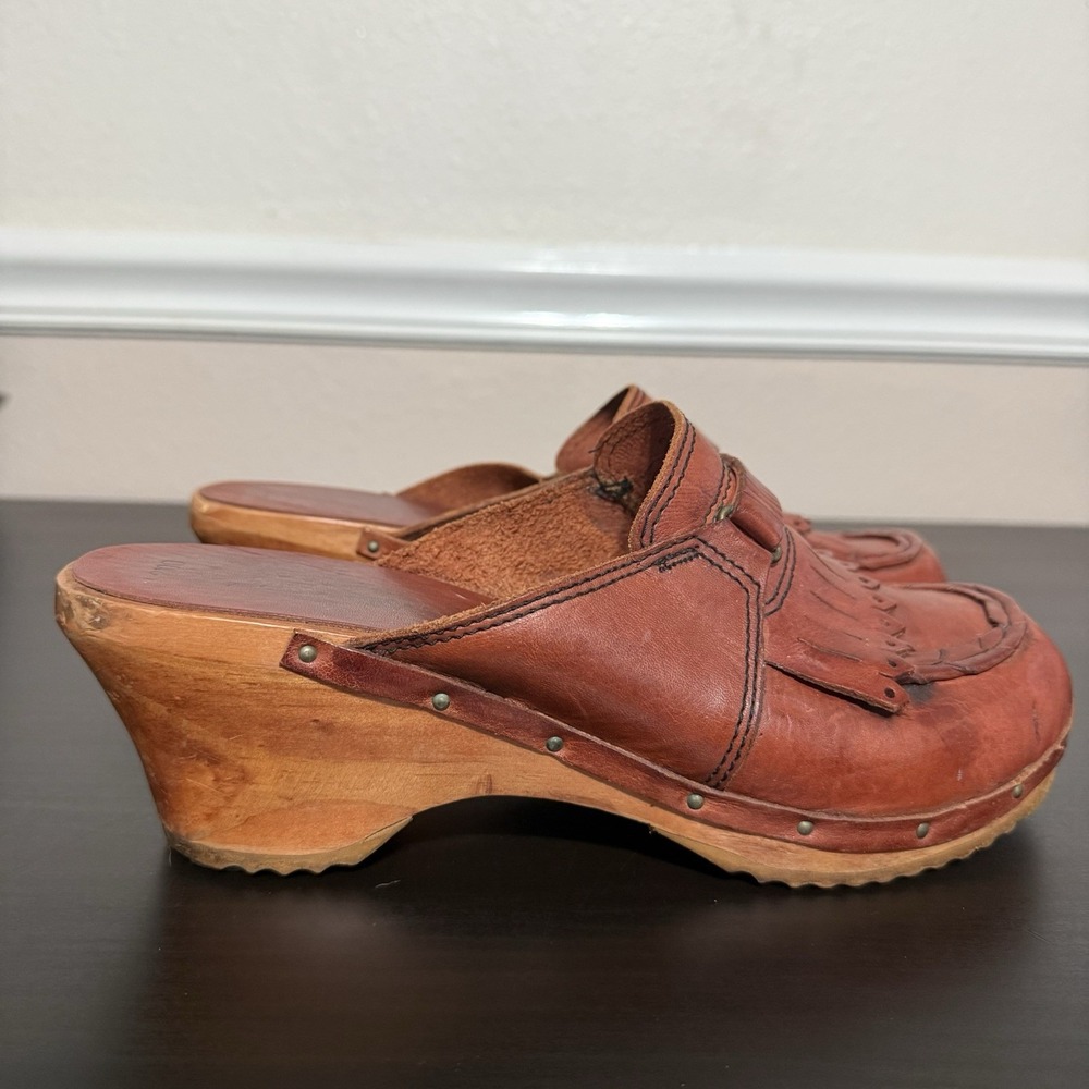 Thom McAn Size 8 / 8.5 Brown Leather Mule High-Heel Shoes‎ Platform Vintage